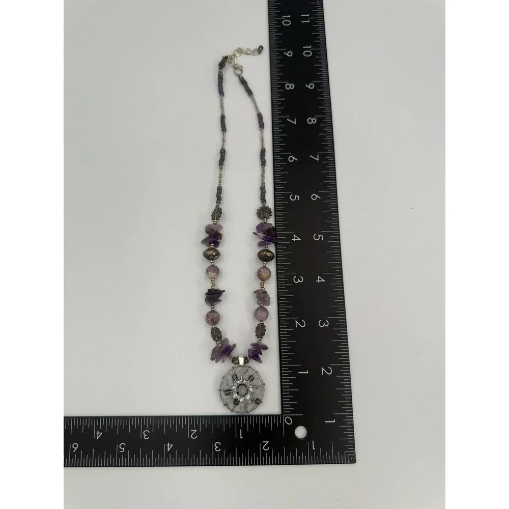 Vintage Purple Stone Beaded Necklace Pendant‎ Silver Tone Boho Statement